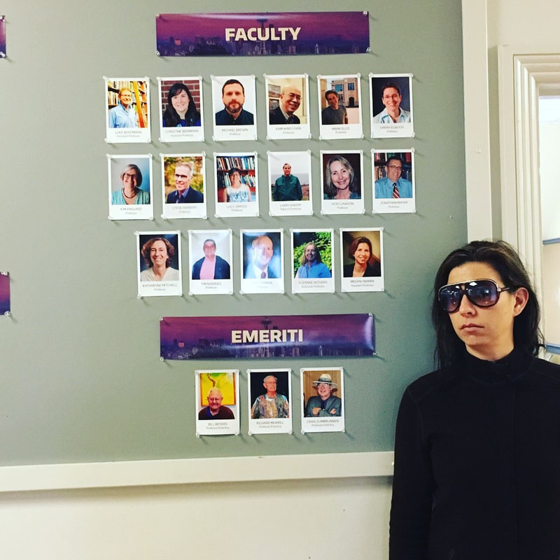 Megan Ybarra in dark suglasses posing next to faculty headshots.